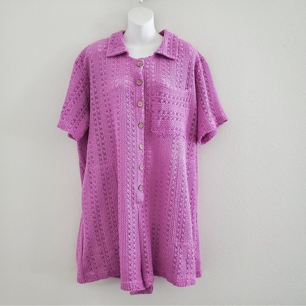 Free People Beach Crochet Knit Romper Coverup XL Purple Wooden Buttons Pockets